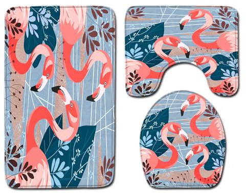 Bad Teppiche Set 3-Teiliges Blaue Blätter WC Vorleger Mit Ausschnitt Badematte Saugfähig WC Deckelbezug Badvorleger rutschfest Waschbar Toilettensitzbezug Badgarnitur (50x80cm)