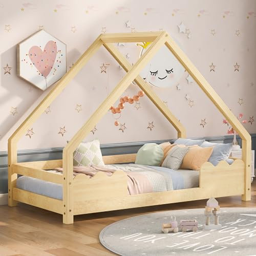 Kinderbett 90x200 cm, Montessori Bodenbett Hausbett mit Rausfallschutz und Lattenrost, Stabiles Holz Baumhausbett Spielbett für Jungen Mädchen, Kinder Haus Bett aus Massivholz für Kinderzimmer, Natur