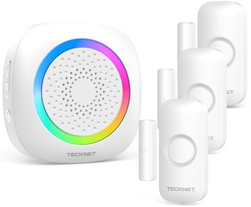 TECKNET Wireless Door Open Sensor Alarm Chime, 1000ft Operating Range 60 Chimes Volume with Mute Mode RGB Indicators 1 Plug-in Receiver and 3 Magnetic Door Alarm Sensor for Home Store Office-White