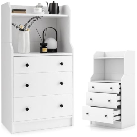 KOMFOTTEU Kommode aus Holz, 3 Schubladen, halboffenes Fach, oberes Regal, Aufbewahrungsmöbel, Kippschutz, Aufbewahrungsschrank für Schlafzimmer, Wohnzimmer, 58 x 36 x 111 cm, Weiß