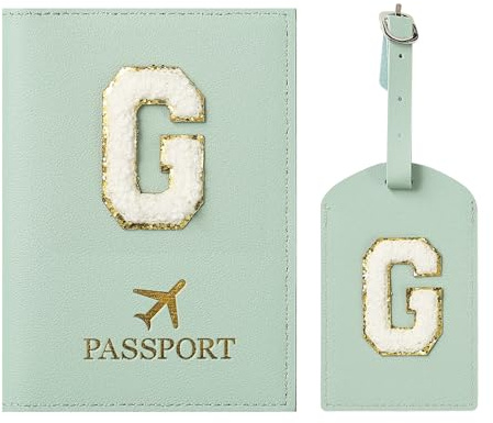 ZVRSUA Porta Passaporto Verde ed Etichette per Valigie Cover，Passaporto con Lettere, Pelle PU,Porta Passaporto da Viaggio Donne, Regalo Donna,Uomo,Adolescenti, Ragazze (Verde G)