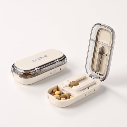 Tablettenteiler，tablettenteiler für alle tabletten,Tragbarer Tablet-Cutter mit Aufbewahrungsfach und scharfen Klingen，Bequem zu tragen. (Weiß)