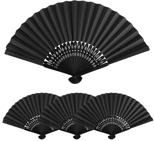 Calkkrer 4 Stück Faltbare Bambus-Fächer, Schwarze Hand-Fächer, Vintage-Fächer, Japanisch-Chinesische Fächer, Unparfümiert, Hochzeit, Tanz, Party, Sommer