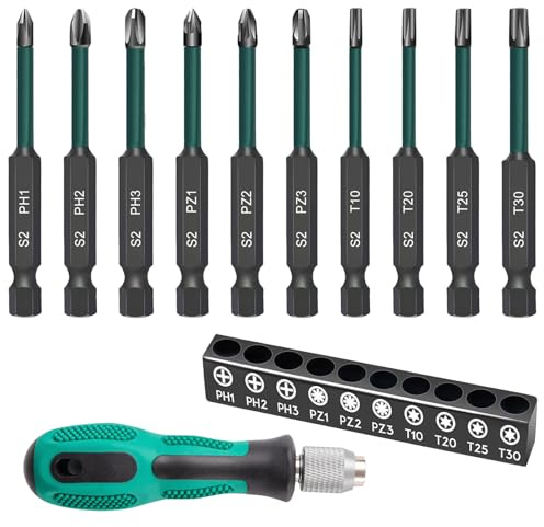 XIATIAN 70mm Langer Schraubendreher Bit Set, 11 Stück Bitsatz mit Magnetkopf, 1/4 Sechskantschaft, Phosphid Schlagschrauber Bitsatz für Akkuschrauber (PH, PZ, Torx)