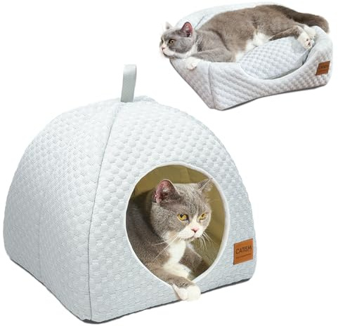 CATISM Katzenkühlhaus, 2-in-1 Kühlende Katzenbett, 40x40cm Grauweiß | Katzenhöhle für den Sommer mit Kühlmatte, Waschbarer, Faltbar & Platzsparend, Hält Katzen an heißen Tagen kühl