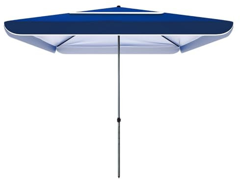 Ombrellone da esterno con frange di protezione UV, con pulsante e manovella, ideale per spiaggia, piscina, cortile e balcone, Blu, 2x2m/6.6x6.6ft