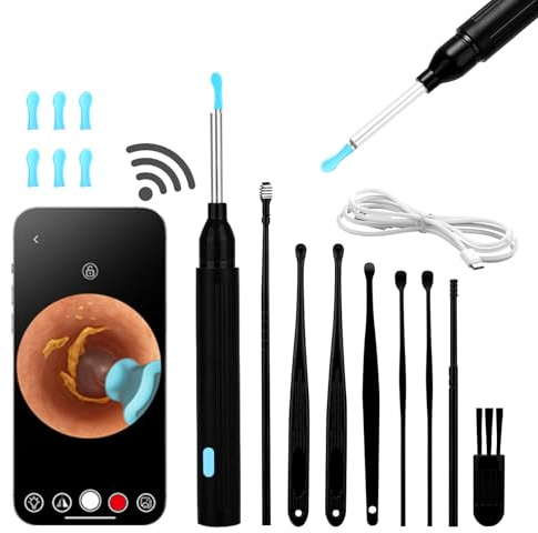 Limpiador De Oidos Cera, 1080P Wifi Otoscopio Limpiador De OíDos, 360° Amplio áNgulo Impermeable Limpiador Oidos Adultos, Con Cambio De Cabeza, 6 Luces Led, Para Iphone, Android, Ipad