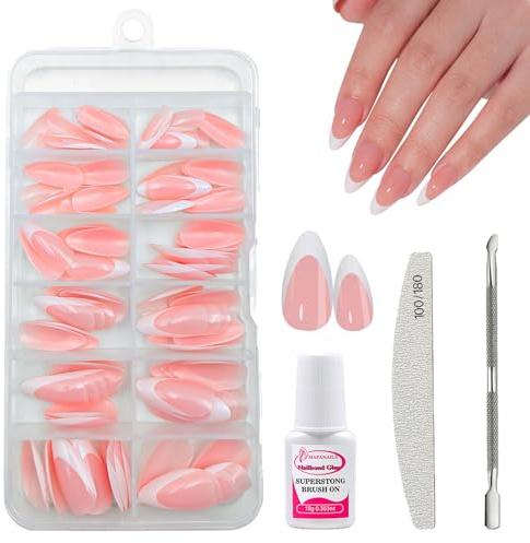 French False Nail Tips Kit - 120pcs Nude Pink Almond Press on Nails Set - 12 Sizes French Tip Fake Nails with Glue - Short Full Cover Stick on nails for Women Nail Art Manicure Decorations