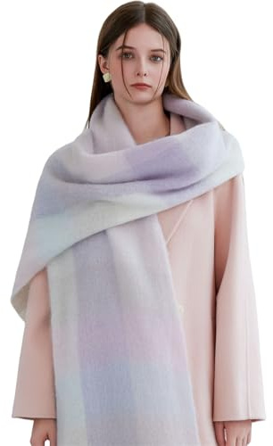 YloveM Écharpe Femme Hiver Grand Châle Pashmina Chaud Doux à Carreaux avec Glands Foulard Élégant Blanc11