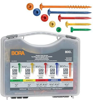 BORA BR-A180203 Pocket-Hole-Schrauben Set 800-teilig | Grobgewinde Taschenlochschrauben für Weichholz | Farbkodiert mit Sortierbox