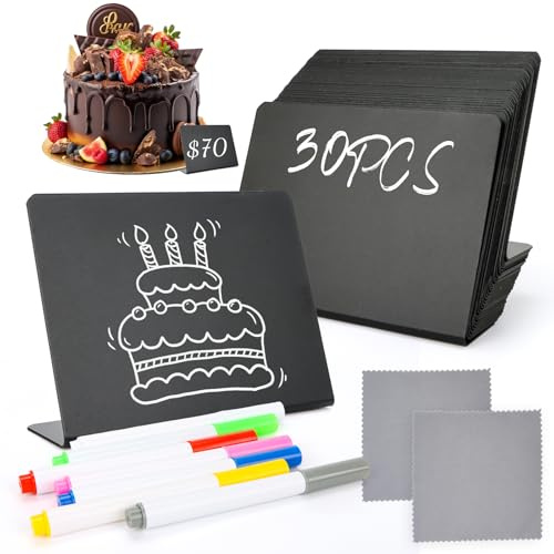 Feirdhoo 30 Stück Kreidetafel Klein, L-Form Preisschilder Aufsteller 100x75mm, Kleine Tafeln zum Beschriften, mit 7 Farbigen Stiften für Buffet Schilder Hochzeit Party Tischkarten Bäckerei Café