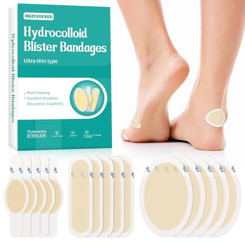 Hydrocolloid Blister Pads 15PCS for Feet, Heels & Toes - Waterproof Adhesive Bandages for Treatment & Prevention During Running, Hiking, Work
