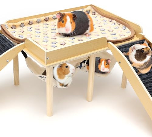 Holz Mehrstöckige Meerschweinchenburg mit Hängematte und Rampe, Versteck für Zwerghamster & Rennmäuse, Spielzeugzubehör für Meerschweinchengehege Innen, Abnehmbares Grauhaus für Kleine Haustiere