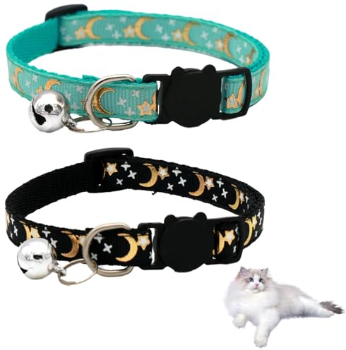 2pezzi Collare Gatto Riflettenti,Collari Staccabili per Gatti,Collari per Gatti Antistrozzo con Campanellino,Accessorio Regolabile per Animali Domestici con Motivi a Forma di Stella,Luna