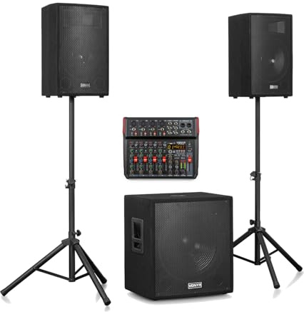 Vonyx VX1218BT Complete PA System with 8-Channel Bluetooth Mixer, 18” Subwoofer, Dual 12” Top Speakers, Stands & USB Recording – Professional Live Sound Solution for Bands, DJs, Events, Pubs