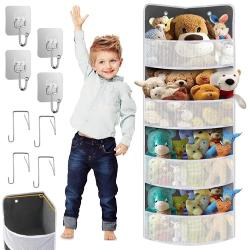 Over Door Toy Storage - Soft Corner Shelf, Stuffed Animal Organiser with 4 Expandable Mesh Pockets, Breathable Hanging Kid Plush Net Hammock Baby Toy Holder with 2 Types of Hooks, for Wardrobe,Nursery