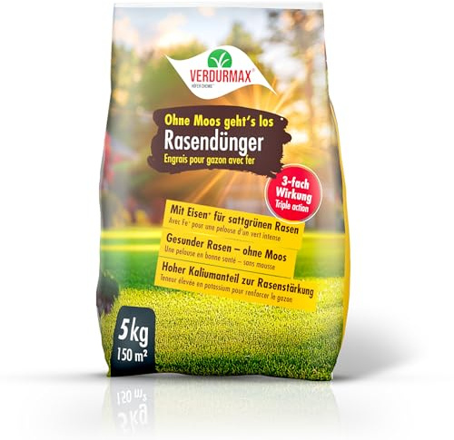 Verdurmax Engrais Pelouse au Fer 1 x 5 kg - Anti-Mousse Reverdissant | Action Anti-Mousse Rapide & Revitalisante - Gazon Vert Profond et Robuste - Riche en Azote, Potassium et 9% de Fer