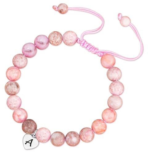 Natural Stone Crystal Healing Bracelets for Womens Gifts for Women Girls | Ladies Heart Initial Letter Pink Zebra Stone Bead Bracelet Mothers Day Valentine's Day Christmas Birthday Gifts
