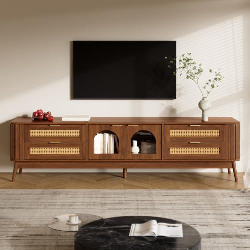 Merax Meuble TV 180 cm LED avec Rangement, Portes vitrées, Noyer | Meuble TV moderne avec 4 tiroirs, éclairage LED APP, portes en verre et rangement salon