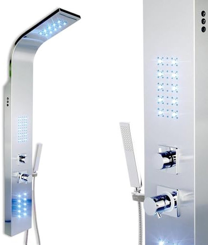 LED Edelstahl Duschpaneel von Steinkirch mit Regendusche, Thermostat, Schwalldusche, Körperdüsen und Handbrause