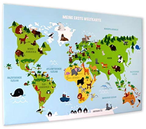 Leinwandbild KINDERWELTKARTE 70 cm breit x 50 cm hoch, Illustrierte Weltkarte für Kinder, deutsche Beschriftung, Kinder-Poster, Geschenk, Dekoration fürs Kinderzimmer (Leinwandbild 70 cm x 50 cm)