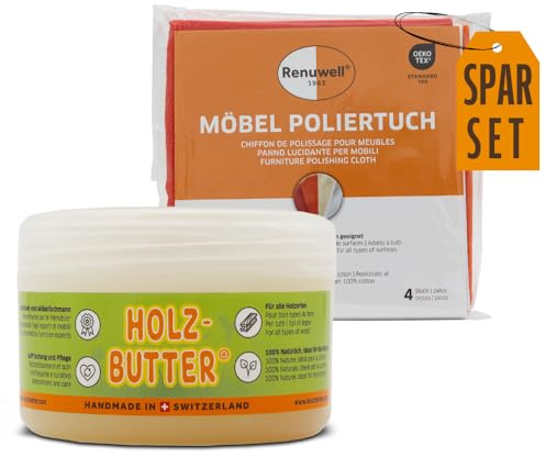 Renuwell Holz-Butter, 250 ml, Intensiv-Pflege für alle Holzarten zur Möbelpflege & Möbel-Poliertuch aus Baumwolle 4-er Set fusselfrei und langlebig, reinigt und poliert Holz, Kunststoff und mehr