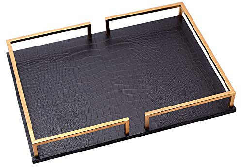 AILZNN Cuir Plateau, Plateau à Bijoux Décoratif Noir Plateau De Service Rectangulaire avec des Poignées Plateau De Café pour Toutes Les Occasions,Black-40x29x5cm(16x11x2)