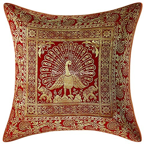 Stylo Culture Boho Forros De Cojines Decorativa 40x40 cm Brocado De Seda Pavo Real Fundas Almohadones Sofa Rojo 16x16 Inch Jacquard Cuadrado Cremallera Funda Cojin Silla - 1 Pc