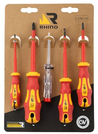 RHINO - Jeu de 4 Tournevis isolés 1000V, tournevis d'électricien (2 x Plat & 2 x Cruciforme) + 1 Tournevis testeur de tension - Lame Chrome Vanadium - Garantie à vie - Lot de tournevis électricien