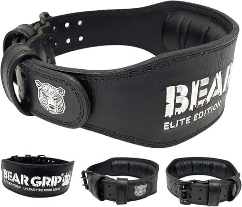 BEAR GRIP Power Belt – Elite Edition premium dubbelpong tyngdlyftningsbälte (svart – 10 cm dubbelsidigt läderbälte, M)