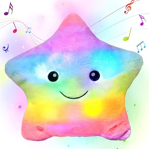 Cuteoy 13 Musical Rainbow Star Plush Pillow Glowing Twinkle Night Light Stuffed Animal LED Toys Adjustable Volume Birthday for Girls Boys