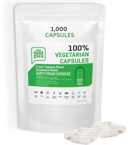 The Good Guru Vegetarian Empty Capsules Size - 00 White | Non - GMO, Gluten Free, Empty White Vegan Capsules | Size 00 Capsules | Empty Capsules Size-00| 1000 Pcs