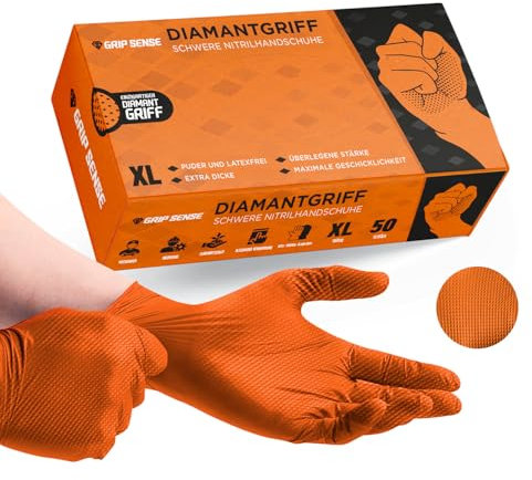 GripSense Nitrilhandschuhe (50er-Pack) Hohe Dichte & Diamant-Textur in Orange – Latex- & Puderfreie Einmalhandschuhe XL – Werkstatthandschuhe Extradick & Superstark – Maximale Fingerbeweglichkeit L5