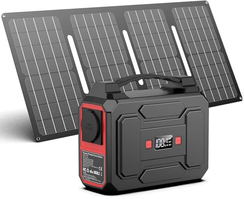 Powkey Powerstation avec panneau solaire, 99 Wh/27 000 mAh, port USB, batterie externe 40 W, arateur avec prise 100 W, alimentation mobile pour le camping et comme unité