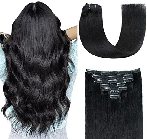AGMITY Clip in Extensions Echthaar #1 Tief Schwarz 35cm 7 Stück 110g 100% Echthaar Unsichtbar Gerade Glatt Nahtlos Clip in Haarverlängerungen Remy Echthaar (35cm #1 Tief Schwarz)