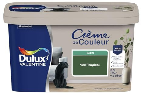Dulux Valentine Crème de Couleur - Peinture multi-supports intérieure - Satin Vert Tropical 2,5 L