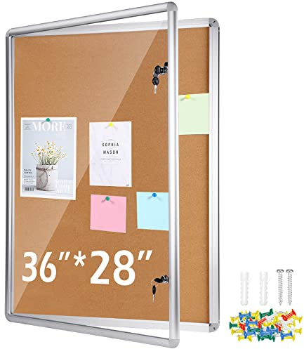 Ctosree 36x28 Lockable Enclosed Bulletin Cork Board, Outdoor Display Case with Glass Door Weather Resistant Notice Board with Aluminum Frame for Office School Hospital Community, 9xA4(Natural Color)