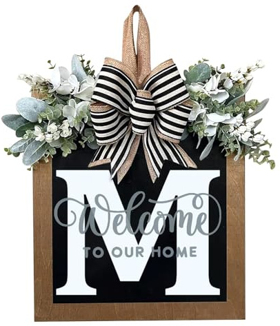 Last Name All Year Round Front Door Wreath with 26 Initial Letter Welcome Sign All Seasons Eucalyptus Garland and Bow ，Farmhouse, Porch, for Spring Summer Fall All Seasons Holiday Halloween Christmas. (M)