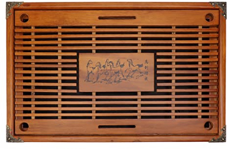 Chinese Oak Wood Tea Table, Simple Tea Tray, Drawer Type Chinese Tray with A Drain Ball and Water Hose, Large Capacity Gongfu Tea Table Set for Home, Tea Shop, Easy to Use(Saffron)