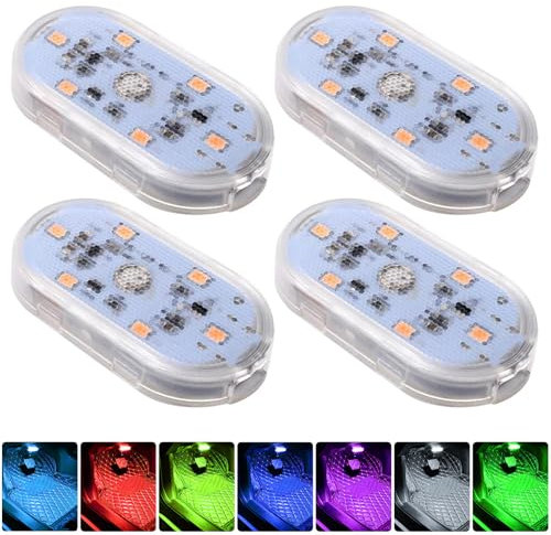 4Pcs Car Led Interior Lights, 7 Colors Wireless Ambient Lighting Car Interior, USB Rechargeable Touch Car Interior Reading Light, Portable Led Lights for Cars, Rvs, Trucks and Camper