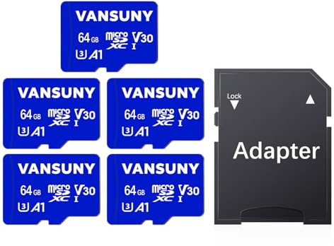 Vansuny Micro SD Card 64GB 5 Pack microSDXC Memory Card with SD Adapter A1 App Performance V30 4K Video Recording C10 U3 Micro SD for Phone, Security Camera, Dash Cam, Action Camera