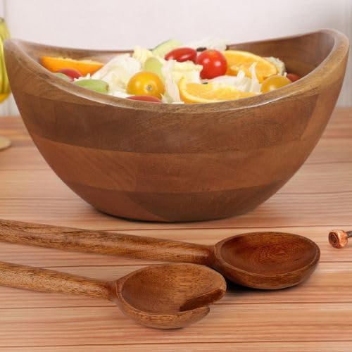 Dreamy Walls Wooden Salad Bowl with 2 Serving Spoons - Large Mango Wood Utensils Deep Bowls for Home & Kitchen - Perfect Mixing Food, Fruit and Vegetables - Unique Housewarming Gift