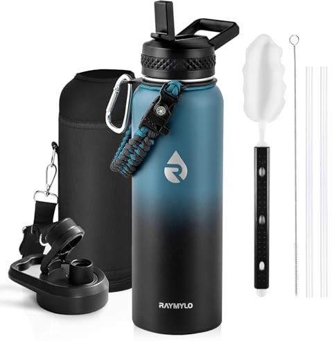 RAYMYLO Insulated Water Bottle 40 oz, Triple Wall Vacuum Stainless Steel (Cold for 36Hrs, Hot for 18Hrs), Leak Proof & Non-BPA, Modern Water Flask Jug with Paracord Handle & Straw Spout Lids