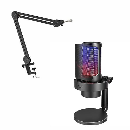 FIFINE PC Mikrofon mit Arm, Gaming Microphone mit Verstellbarer Ständer für Streaming Podcasts PS4 PS5 MAC, USBC Mikrofon mit Klinke RGB Stummschalter Popfilter (A8+BM63)