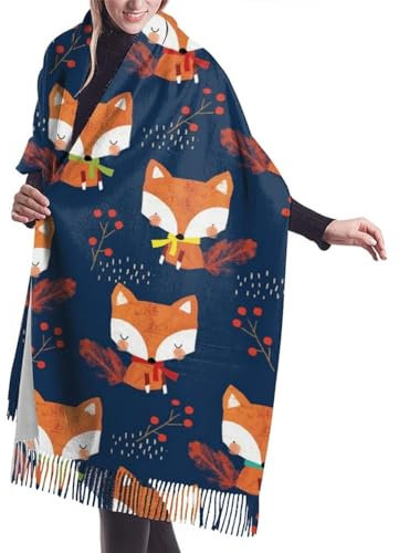 Niedlicher Fuchs-Damenschal mit Fransen, großer Schal mit weichem Kaschmirgefühl, leichte Stola, 196 x 68 cm
