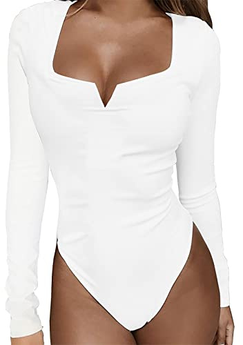 MJGkhiy Body Da Donna Manica Lunga Collo Alto/scollo V Body Suits Tinta Unita Aderente Bodysuit Elegante Basic Tops Elasticizzato Maglietta Intima Tute Jumpsuits T-Shirt Abbigliamento Curvy