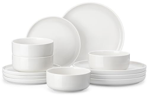 MALACASA Dinner Set for 4, 12 Pieces Porcelain Plates and Bowls Sets Dinnerware Sets Chip Resistant Ceramic Dish Set Service for 4, White, Series Luna