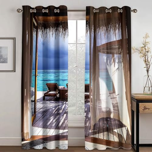 MTBDDyyds Verdunkelungsvorhänge, Strand Holzstühle Blau 220X215Cm 2Er-Set Kinderzimmer Verdunkelungsvorhang Wärmeisolierte Vorhänge Mit Ösen Polyester 3D-Effekt-Druck Vorhänge