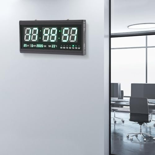 SUBKUDY Digitale Wanduhr mit Temperatur- und Datumanzeige - LED Funk-Wanduhr groß mit grünem Display und elegantem Rahmen aus Kunststoff; Tisch- oder Wandmontage möglich.