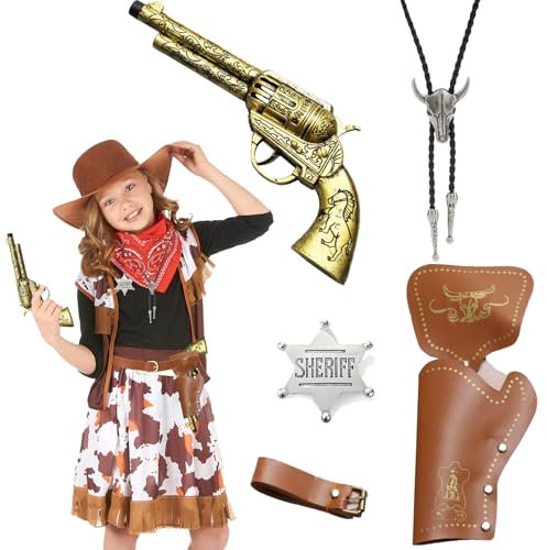 Cowboy Kostüm Kinder Herren Cowboypistole Stierkopf Kette Sheriff-Stern, Spielzeug Pistole Kinder Western Holster Cowboy Gürtel Anstecker Halloween Kostüm Zubehör für Cosplay Party Fasching Karneval